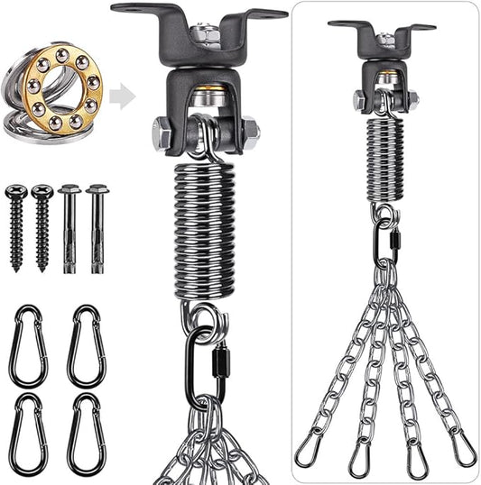 BeneLabel Heavy Duty Boxing Punching Bag Hanger Chain with Spring, 350 LB Capacity, 360° Rotation Wood Beam Holder with 4 Chains and 4 Carabiners, 2 Hexagon Wood Screws and 2 Expansion Screws.