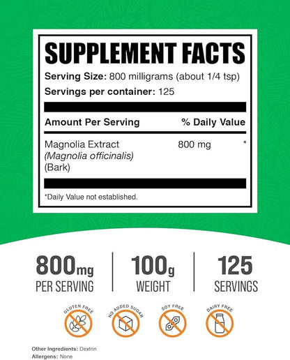 BulkSupplements.com Magnolia Bark Extract Powder - Magnolia Officinalis, Magnolia Bark Supplement, Magnolia Extract - Gluten Free, 800mg per Serving, 100g (3.5 oz) (Pack of 1)