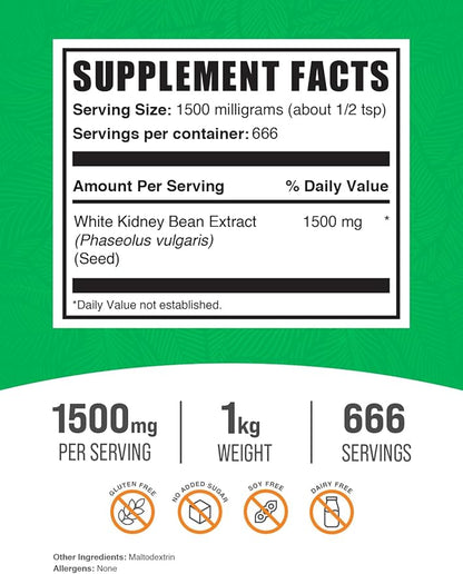 BulkSupplements.com White Kidney Bean Extract Powder - White Kidney Bean Powder, Herbal Supplement - Gluten Free, 1500mg per Serving, 1kg (2.2 lbs) (Pack of 1)