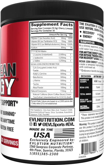 EVL BCAA Lean Energy Powder - Pre Workout Green Tea Fat Burner Support with BCAAs Amino Acids and Clean Energizers - BCAA Powder Post Workout Recovery Drink for Lean Muscle Recovery - Cherry Limeade