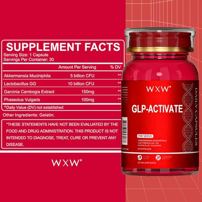 WXW GLP-1 Supplement, GLP Activate, GLP1 Supplements Naturally Support with Akkermansia Probiotic, Lactobacillus GG for Metabolism Gut Health, 30 Capsules