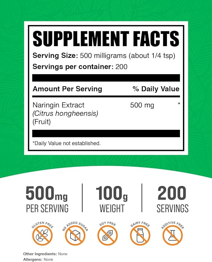 BulkSupplements.com Naringin Extract Powder - Sourced from Citrus Fruit, Naringin Supplement - Herbal Supplement, Gluten Free, 500mg per Serving, 100g (3.5 oz) (Pack of 1)