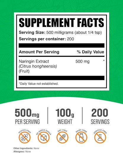 BulkSupplements.com Naringin Extract Powder - Sourced from Citrus Fruit, Naringin Supplement - Herbal Supplement, Gluten Free, 500mg per Serving, 100g (3.5 oz) (Pack of 1)