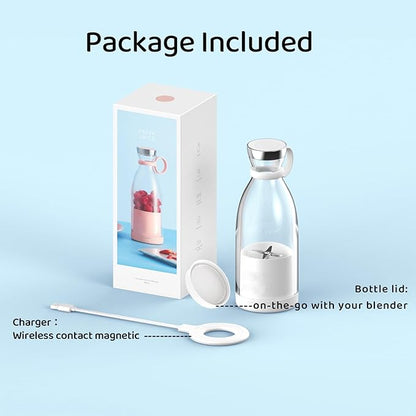 Mini Blender for Smoothies and Milkshakes, Portable Blender, Rechargeable, Personal Size Blender with Quota Outer Travel Lid with 4 Blades, 11 oz for Outdoors, Camping (White)