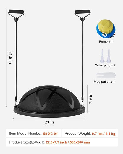 VEVOR Half Exercise Ball Trainer, 23/26 inch Balance Ball Trainer, 1500lbs Capacity Stability Ball, Yoga Ball with Resistance Bands & Foot Pump, Strength Fitness Ball for Home Gym Full Body Workout Black