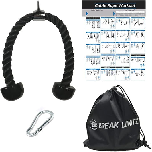 Black Tricep Rope Pull Down & Poster Set | 27 or 36 Inch Heavy Duty Nylon Rope, Chrome Cable Attachment | Professional or Home Gyms | Includes Workout Poster, Snap Hook, Bag