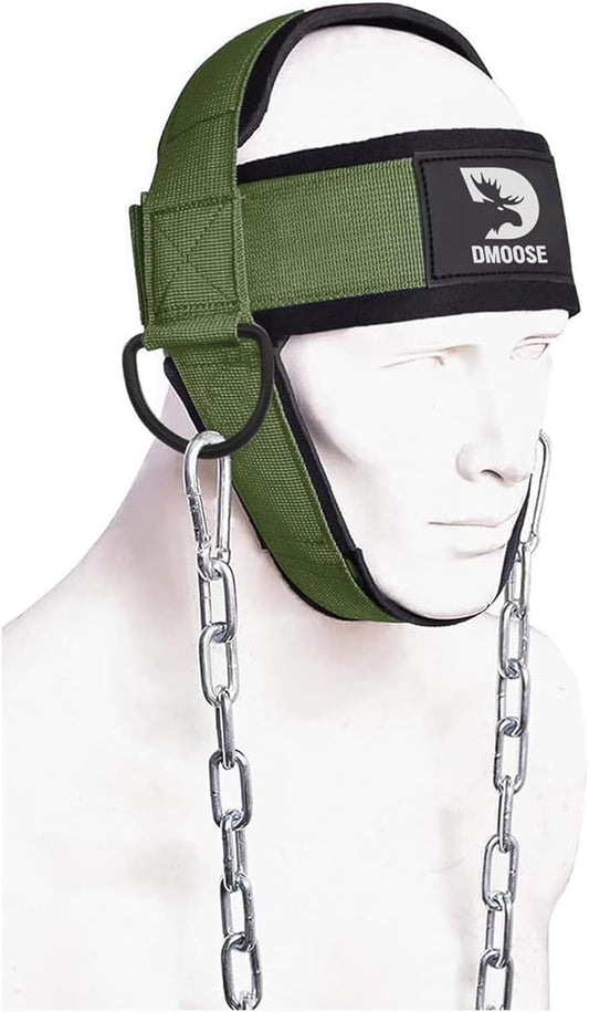 DMoose Neck Harness for Weight Lifting - 30" Heavy Duty Steel Chain - Neck Exerciser, Trainer & Strengthener for Injury Recovery Support & Workout- Adjustable Head & Chin Strap