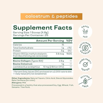 Bloom Nutrition Bovine Colostrum Powder for Gut Health, Immune Support, Hair Growth & Beauty Supplement, Gluten Free, Sugar Free | Pure 40% IgG Premium Colostrum Superfood, Orange Cream, 25 Servings