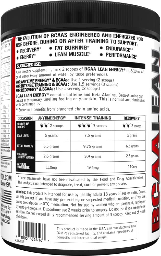 EVL BCAA Lean Energy Powder - Pre Workout Green Tea Fat Burner Support with BCAAs Amino Acids and Clean Energizers - BCAA Powder Post Workout Recovery Drink for Lean Muscle Recovery - Fruit Punch