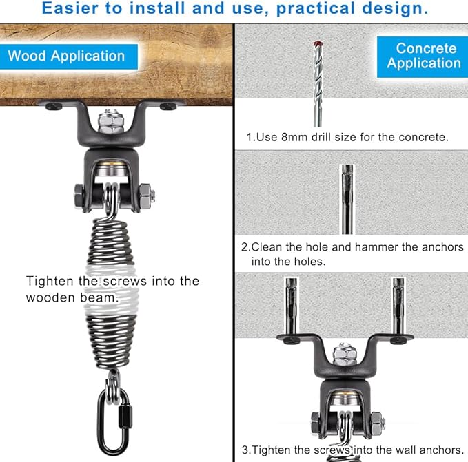BeneLabel Heavy Duty Boxing Punching Bag Hanger with Spring, 360° Rotation Wood Beam Holder, 1 Carabiner, 1 Comfort Spring, 2 Hexagon Wood Screws and 2 Expansion Screws.