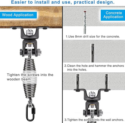 BeneLabel Heavy Duty Boxing Punching Bag Hanger with Spring, 360° Rotation Wood Beam Holder, 1 Carabiner, 1 Comfort Spring, 2 Hexagon Wood Screws and 2 Expansion Screws.