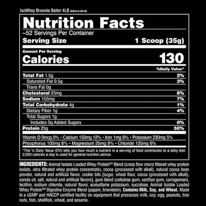 Animal Whey Isolate Protein Powder - Loaded for Pre & Post Workout Muscle Builder and Recovery with Digestive Enzymes for Men & Women - 25g Protein, Great Taste, Low Sugar - Brownie Batter 4 lbs