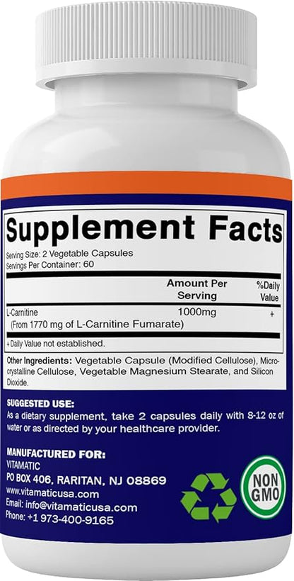 Vitamatic L-Carnitine Fumarate 1000 mg - 120 Vegetable Capsules (3 Bottles)