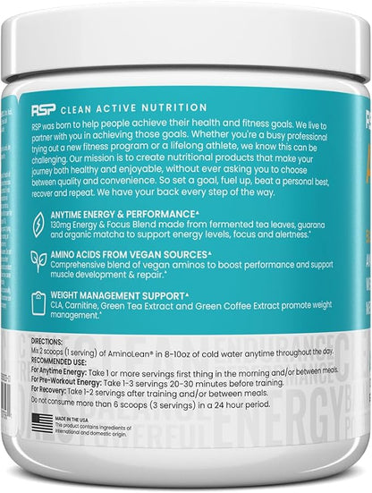 RSP NUTRITION AminoLean Natural Pre Workout Powder, Sucralose Free Amino Energy with No Artificial Dyes, Vegan BCAAs and Weight Management, Pineapple Coconut, 25 Serv