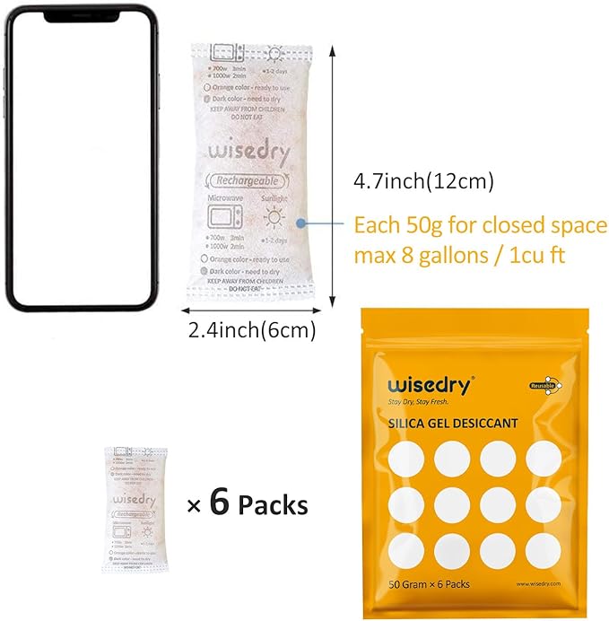 wisedry 50 Gram [6PACKS] Rechargeable Silica Gel Desiccant Packets Fast Reactivate Desiccant Bags Orange to Green indicating for Air Dryer Food Grade