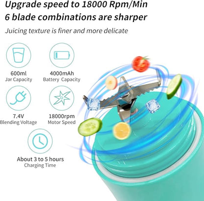 Portable Blender, Personal Blender for Shakes and Smoothies with 20 Oz Travel Cup and Lid, Mini Personal Size Blender with 6 Blades and USB Rechargeable for Gym and Kitchen (Mint Blue)