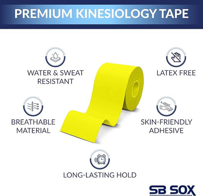 SB SOX Original Cotton Kinesiology Tape Roll – Best Latex Free Athletic Tape for Muscles/Joints – Waterproof, Stretchy, and Gentle on Skin (16ft)