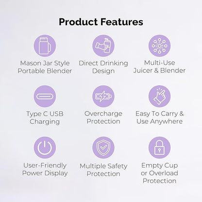 Personal Portable Blender For Shakes & Smoothies, Leakproof & Stylish Portable Mason Jar Shaker, Rechargeable Mini Blender with 10-Blade Blending System 14oz, Purple