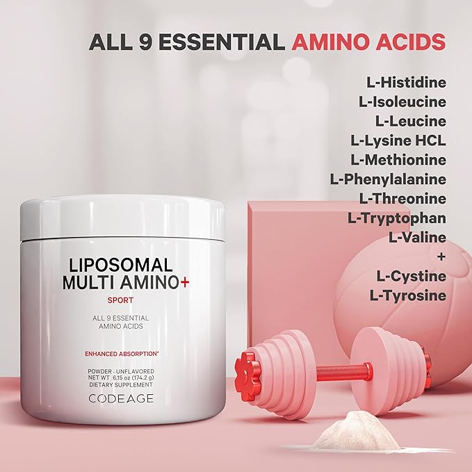 Codeage Liposomal Multi Amino Powder Supplement - BCAA & EAA Supplement All 9 Essential Amino Acids, Branched-Chain Amino Acid, Pre & Post Workout, Unflavored, Liposomal Delivery, Non-GMO, 6.15 oz