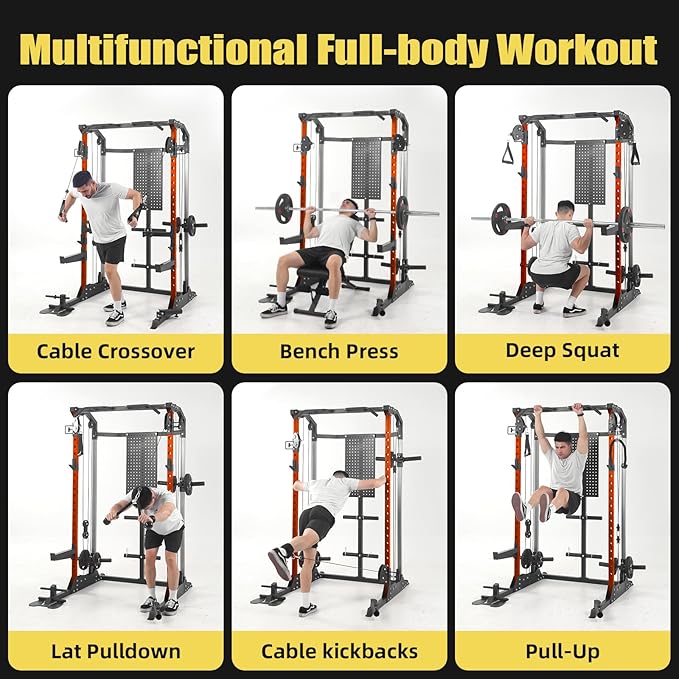 Multi-Function Power Cage, Power Rack with Dual Independent Pulley System, 2000LB Capacity Workout Cage with Adjustable Cable Crossover System and Training Attachment, Squat Rack for Home Gym