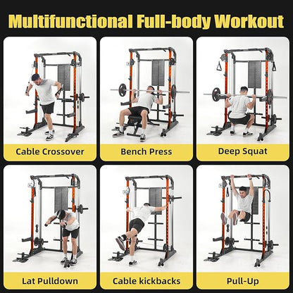 Multi-Function Power Cage, Power Rack with Dual Independent Pulley System, 2000LB Capacity Workout Cage with Adjustable Cable Crossover System and Training Attachment, Squat Rack for Home Gym