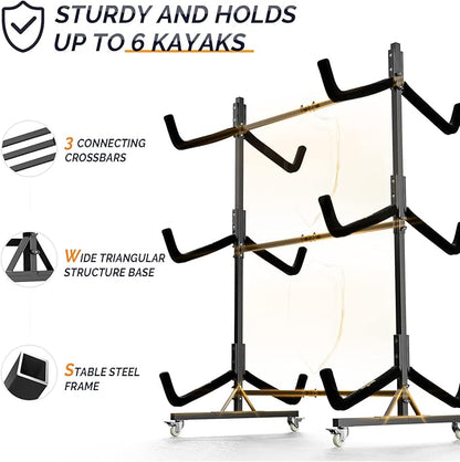 Bonnlo Kayak Stand Freestanding Storage Rack for Kayak Canoe Boat Paddle Board SUP Surfboard for Indoor Outdoor Garage, Shed, Dock with Lockable Wheels Wide Adjustable