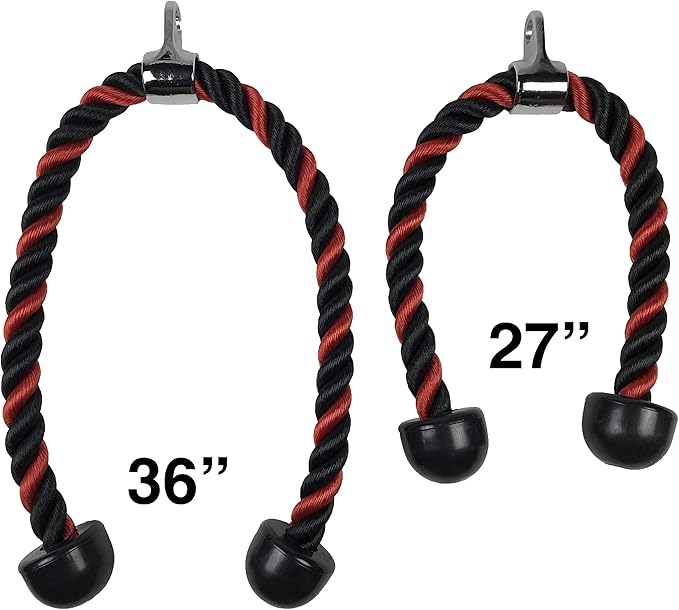 Red Tricep Rope Pull Down & Poster Set | 27 or 36 Inch Heavy Duty Nylon Rope, Chrome Cable Attachment | Professional or Home Gyms | Includes Workout Poster, Snap Hook, Bag