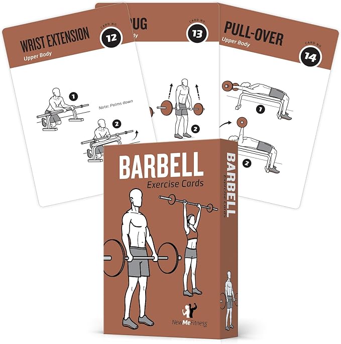 NewMe Fitness Barbell Workout Cards, Instructional Fitness Deck for Women & Men, Beginner Fitness Guide to Training Exercises at Home or Gym 3.5"x5"