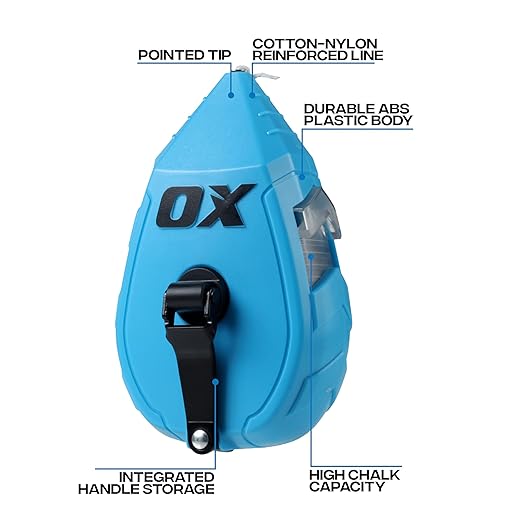 OX Pro Contractor Chalk Line 100ft Cotton Nylon Bold Line with Pointed Tip and ABS Plastic Body - 1:1 Gear Ratio Chalk Box Professional Grade Chalk Reel Tool OX-T630502