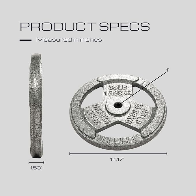 HulkFit 1 inch or 2 inch Cast Iron Weight Plate Set with Multi-Grip Handles and Enamel Coated for Barbells & Strength Training - Grey