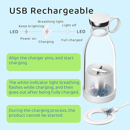 Mini Blender for Smoothies and Milkshakes, Portable Blender, Rechargeable, Personal Size Blender with Quota Outer Travel Lid with 4 Blades, 11 oz for Outdoors, Camping (White)