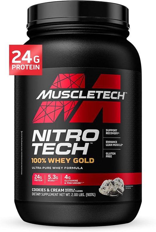 Whey Protein Powder , MuscleTech Nitro-Tech Whey Gold Protein Powder , Whey Protein Isolate Smoothie Mix , Protein Powder for Women & Men , Cookies and Cream, 2 lb (28 Servings) - package may vary