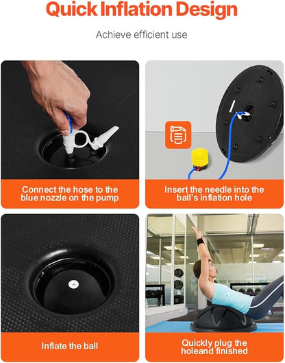 VEVOR Half Exercise Ball Trainer, 23/26 inch Balance Ball Trainer, 1500lbs Capacity Stability Ball, Yoga Ball with Resistance Bands & Foot Pump, Strength Fitness Ball for Home Gym Full Body Workout Black