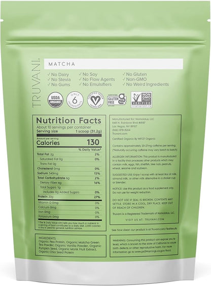 Truvani Vegan Pea Protein Powder | Matcha | 20g Organic Plant Based Protein | 10 Servings | Keto | Gluten & Dairy Free | Low Carb | No Added Sugar
