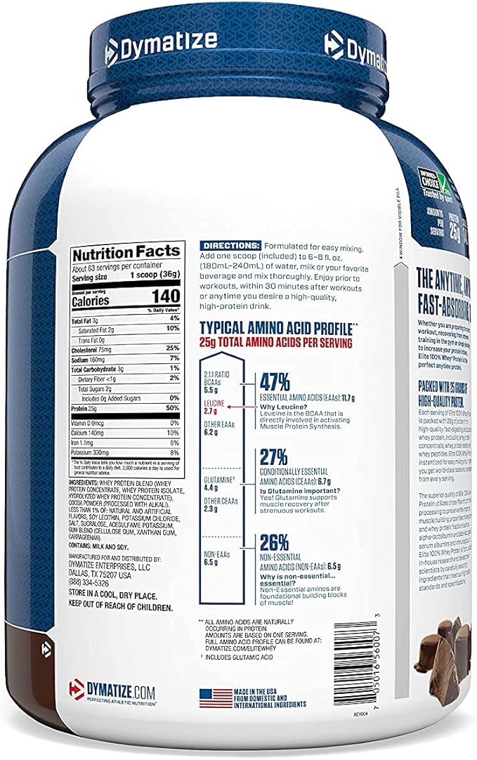 Dymatize Elite 100% Whey Protein Powder, 25g Protein, 5.5g BCAAs & 2.7 L-Leucine, Quick Absorbing & Fast Digesting for Optimal Muscle Recovery, Rich Chocolate, 5 Pound, 63 Servings