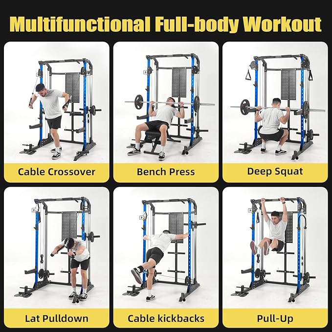 Multi-Function Power Cage, Power Rack with Dual Independent Pulley System, 2000LB Capacity Workout Cage with Adjustable Cable Crossover System and Training Attachment, Squat Rack for Home Gym