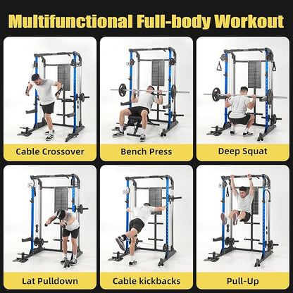 Multi-Function Power Cage, Power Rack with Dual Independent Pulley System, 2000LB Capacity Workout Cage with Adjustable Cable Crossover System and Training Attachment, Squat Rack for Home Gym