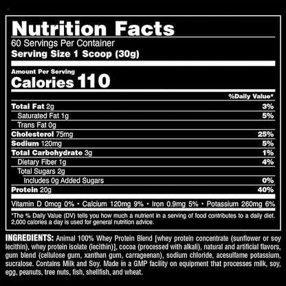 Animal 100% Whey Protein Powder – Whey Blend for Pre Workout or Post Workout, Recovery, or an Anytime Low Sugar Protein Boost Meal Replacement with BCAA Branched Chain Amino Acids – Chocolate, 4 lb