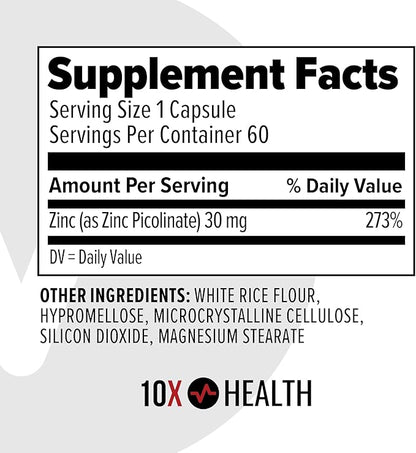 10X Health Zinc Picolinate - Contains Zinc 30mg for DNA & Protein Synthesis, Overall Wellness & Immune Support Supplement - Zinc Supplements - 60 Capsules