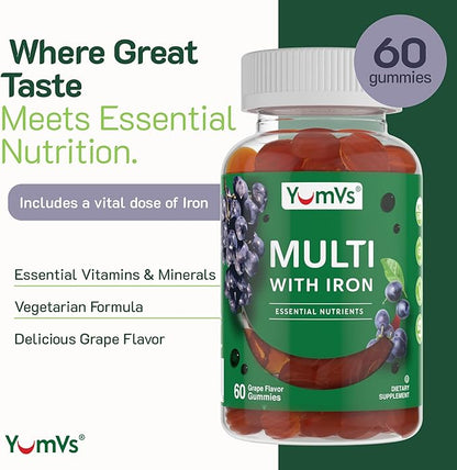 YUM-V'S YumVs Multivitamin Gummies with Iron - Grape Flavor - Vegetarian Kosher Multi Vitamins for Adults with Vitamin A C B6 B12 Biotin Zinc - No Calcium (60 Count (Pack of 2))