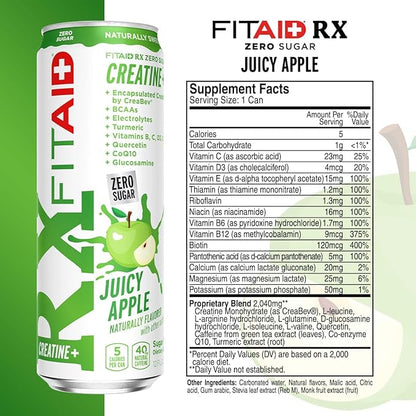 FITAID RX Zero Sugar, Encapsulated Creatine, Workout Recovery Drink, All-In-One Blend, BCAAs Glucosamine, Turmeric, B-Complex, Electrolytes, Juicy Apple, 12 Fl Oz (Pack of 24)