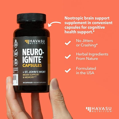 NeuroIgnite Brain Supplements for Memory and Focus Support with St Johns Wort & Ginkgo Biloba - Nootropics Brain Support Supplement - Cognitive & Memory Supplement for Brain Health - 2 Month Supply