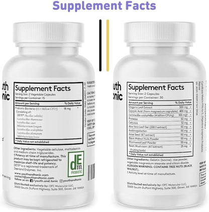 Youth & Tonic Oregano & Caprylic Acid Gut Health Supplement with Probiotics & Herbs for Gut Flora Balance, Digestive & Intestinal Health and Immune Support – 90 Capsules