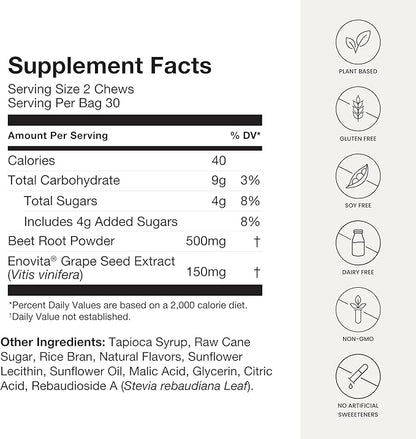 humanN SuperBeets Heart Chews, Nitric Oxide and Blood Pressure Support, Grape Seed Extract & Non-GMO Beet Root Powder Energy Chews, Super Beets Heart Chews, Pomegranate Berry Flavor, 180 Count
