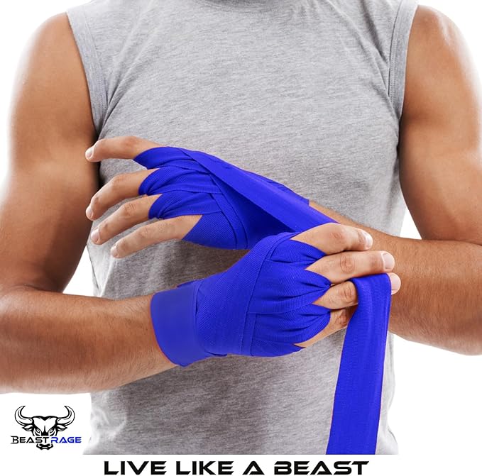 BEAST RAGE Boxing Hand Wraps 4.5 Meter Martial Arts Bandages Inner Gloves Wrist Support Straps Punching Under Hand Knuckles Heavy Elasticated Training Bag Mitts Muay Thai