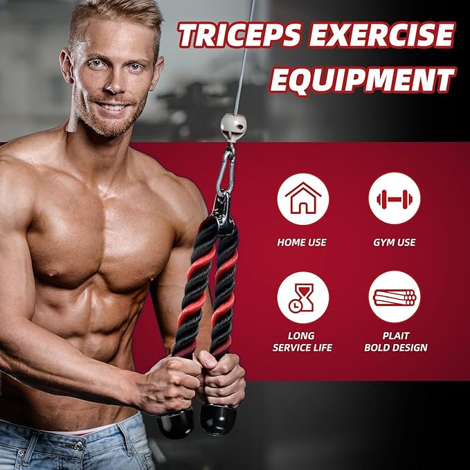 tchrules Universal Tricep Rope Pull Down, 27 Inch Heavy Duty Rope Length, Easy to Grip & Non Slip Cable Workout Exercise Machine Attachment, Suitable for Professional Gyms