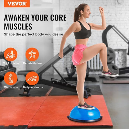 VEVOR Half Exercise Ball Trainer, 23/26 inch Balance Ball Trainer, 1500lbs Capacity Stability Ball, Yoga Ball with Resistance Bands & Foot Pump, Strength Fitness Ball for Home Gym Full Body Workout Black
