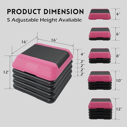 Step Aerobic Platform, Exercise Step with 5 levels Adjustable Height, 4 Stackable Risers, Fitness Training Workout Stepper for Home Gym, Cardio Strength, Multiple Options