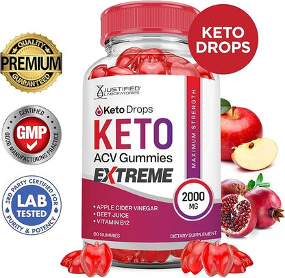 (2 Pack) Keto Drops Keto ACV Gummies Extreme 2000MG Keto Drops Keto Gummies Advanced Formula Apple Cider Vinegar with Pomegranate Beet Juice Powder B12 Vegan Non GMO 120 Gummys