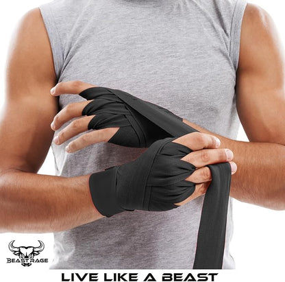 BEAST RAGE Boxing Hand Wraps 4.5 Meter Martial Arts Bandages Inner Gloves Wrist Support Straps Punching Under Hand Knuckles Heavy Elasticated Training Bag Mitts Muay Thai